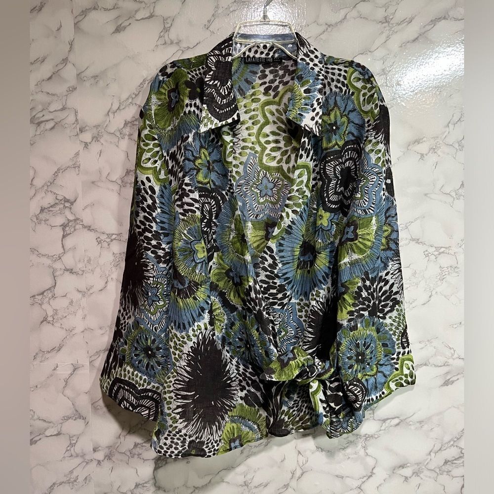 Lafayette 148 Womens Top Linen Blend Floral Print Blue Brown Front Tie Size 8